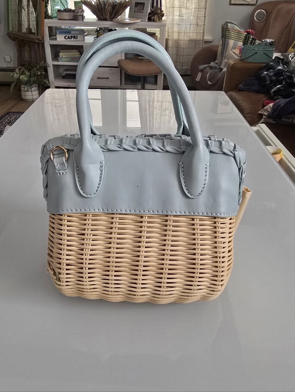 Woven Rattan Bag with Light Blue Trim